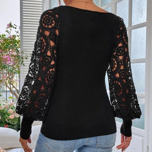 black Lace Panel Lantern Sleeve Sweetheart Neck knit Sweater Top - Picture 2 of 6